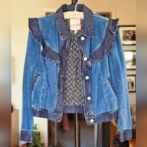 La Vie Rebecca Taylor Ruffled Velvet Denim Jacket